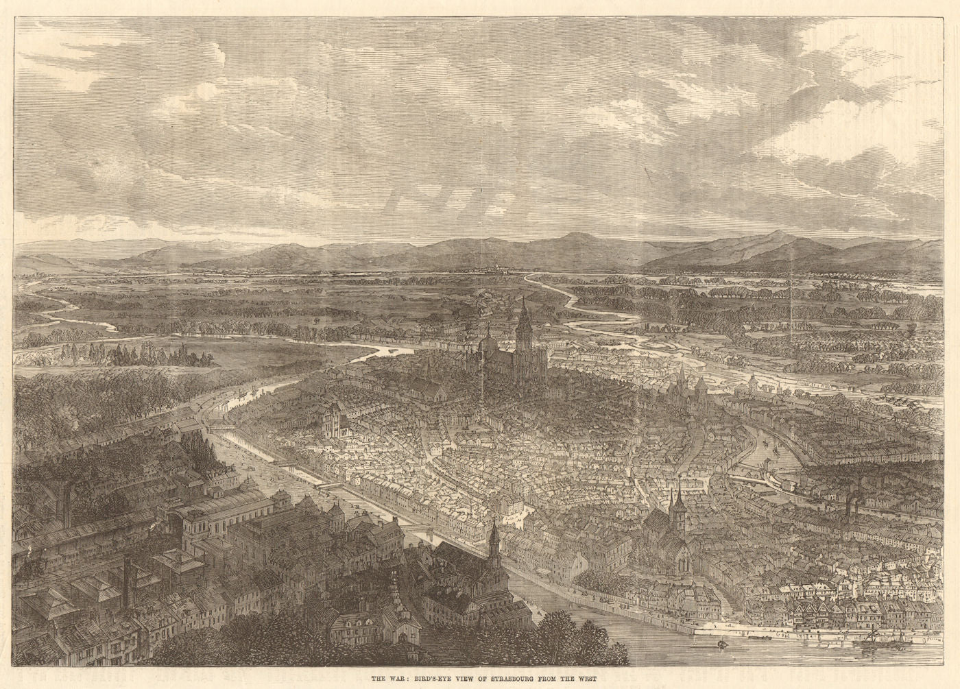 The war: bird's eye view of Strasbourg from the west. Bas-Rhin 1870 old print